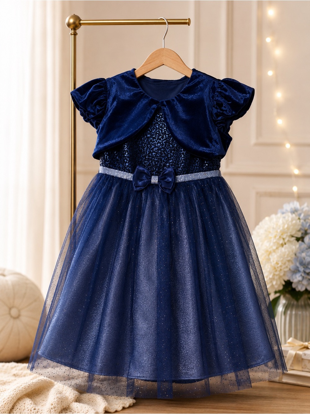 Jona Michelle Navy Sparkle Tulle Dress with Velvet Bolero